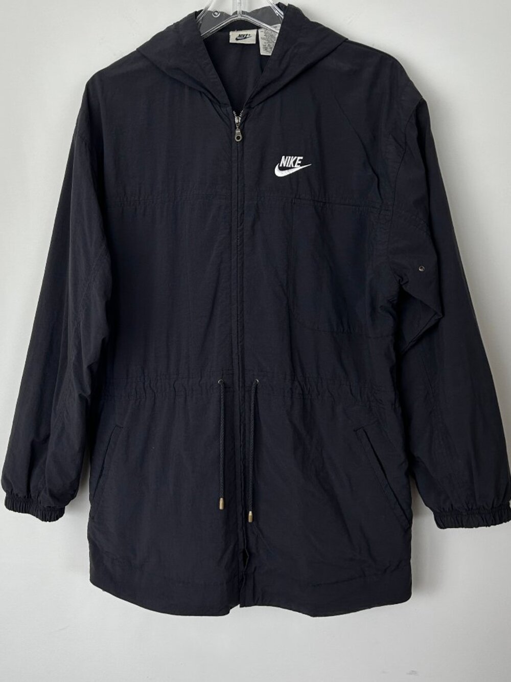 Vintage 90s NIKE Black Parka Jacket Size S 6-8 Womens Hooded Windbreaker Y2K